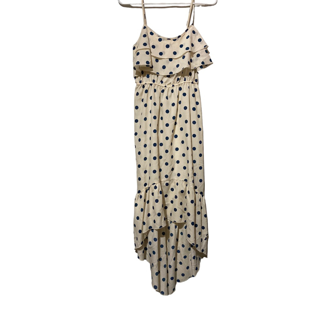 Passport Womens Sundress Ivory Blue Polka Dot High Low Sleeveless‎ Ruffle USA S